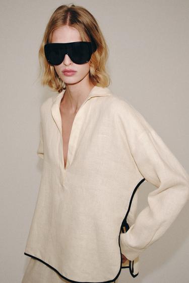 Zara 100% LINEN PIPED SHIRT ZW COLLECTION - Beige