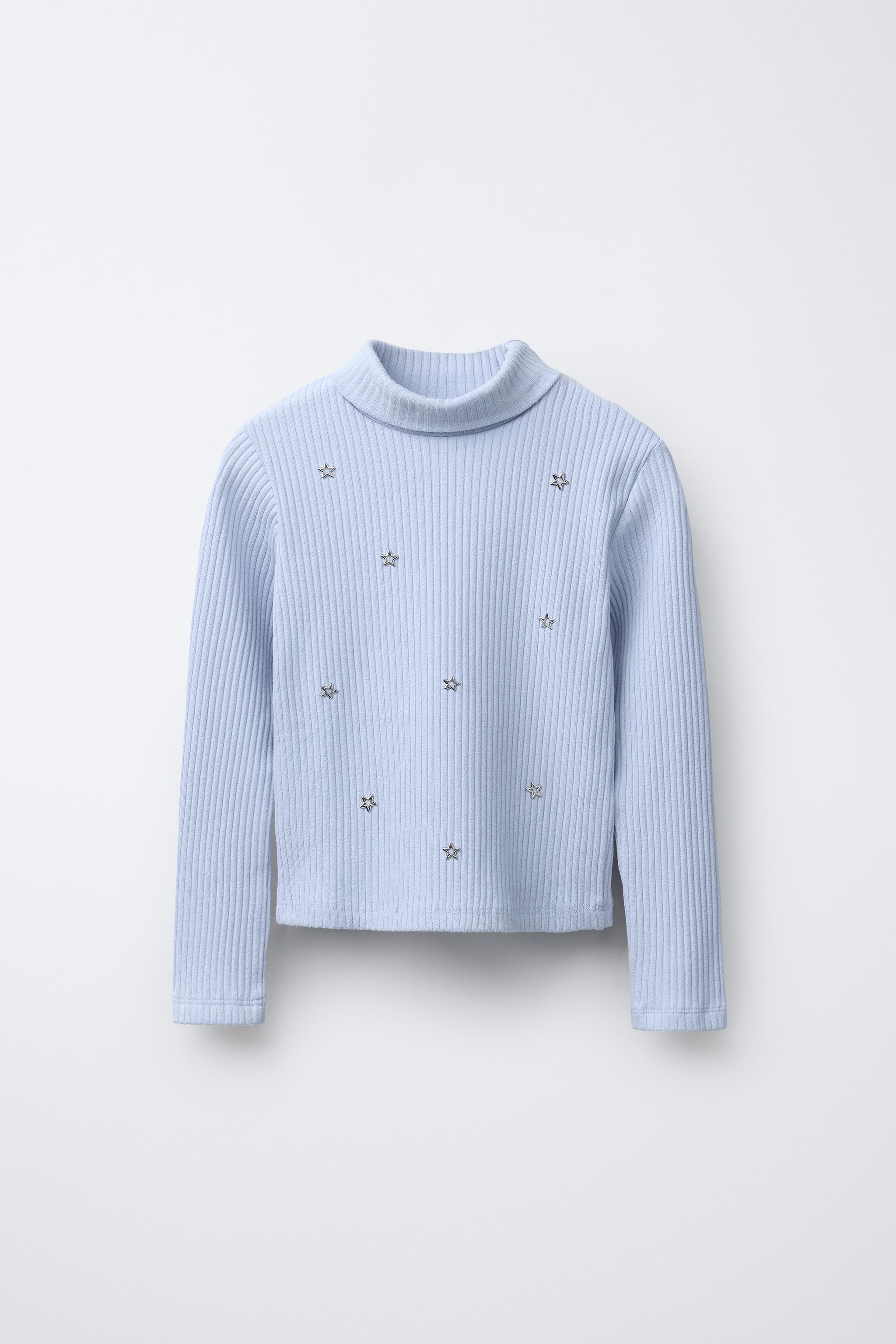 羅紋高領鉚釘T 恤- 天藍色| ZARA Macau SAR / 澳門特別行政區