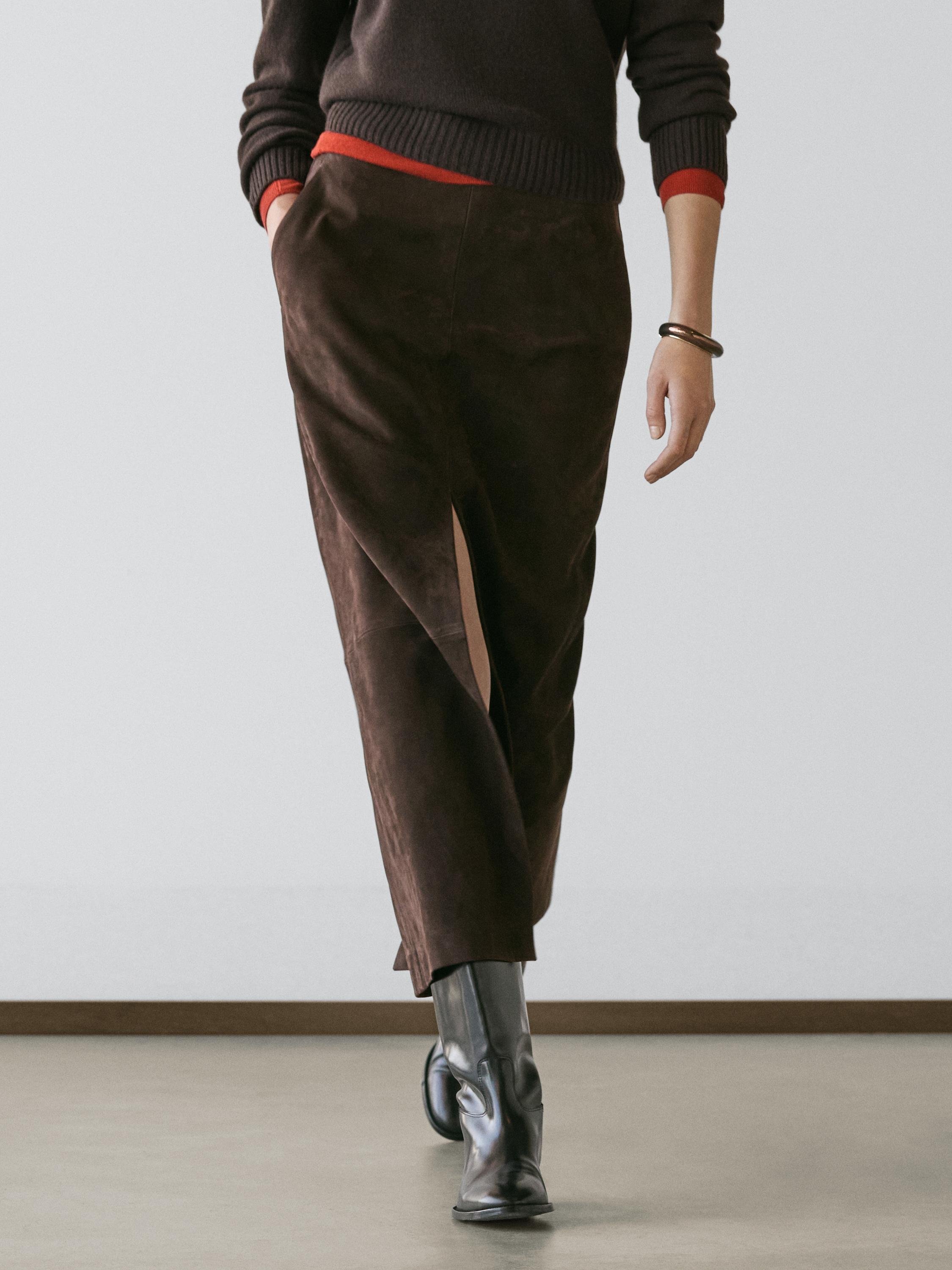 Straight nubuck leather midi skirt