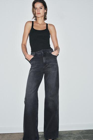 JEANS ZW COLLECTION WIDE LEG خصر عالي - رمادي by Zara