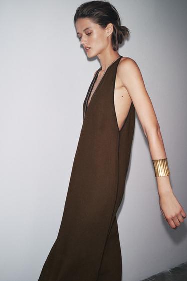 ROBE MI-LONGUE MÉLANGE LIN ZW COLLECTION - Chocolat de Zara - Image 1