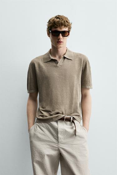 بولو محاك بقصة REGULAR FIT 100% كتان - أخضر فاتح الخاص بـ Zara