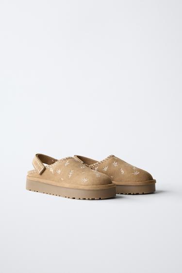Zara EMBROIDERED FAUX FUR CLOGS - Brown