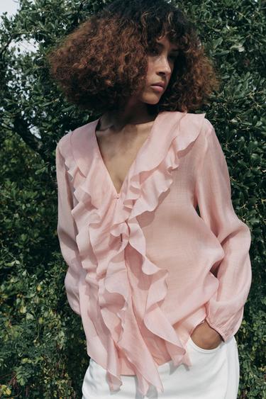 БЛУЗА С ВОЛАНАМИ — ZW COLLECTION — ПАСТЕЛЬНО-РОЗОВЫЙ от Zara