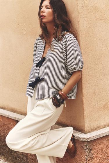 STRIPED BLOUSE WITH TIES - Ecru / Navy by Zara - Image 1