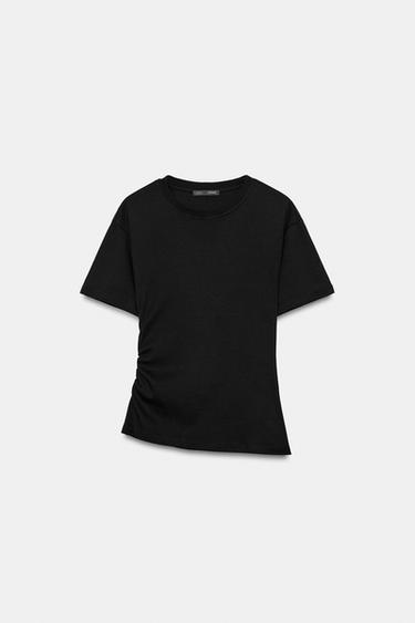 Zara SIDE RUCHED CAPE T-SHIRT - Black