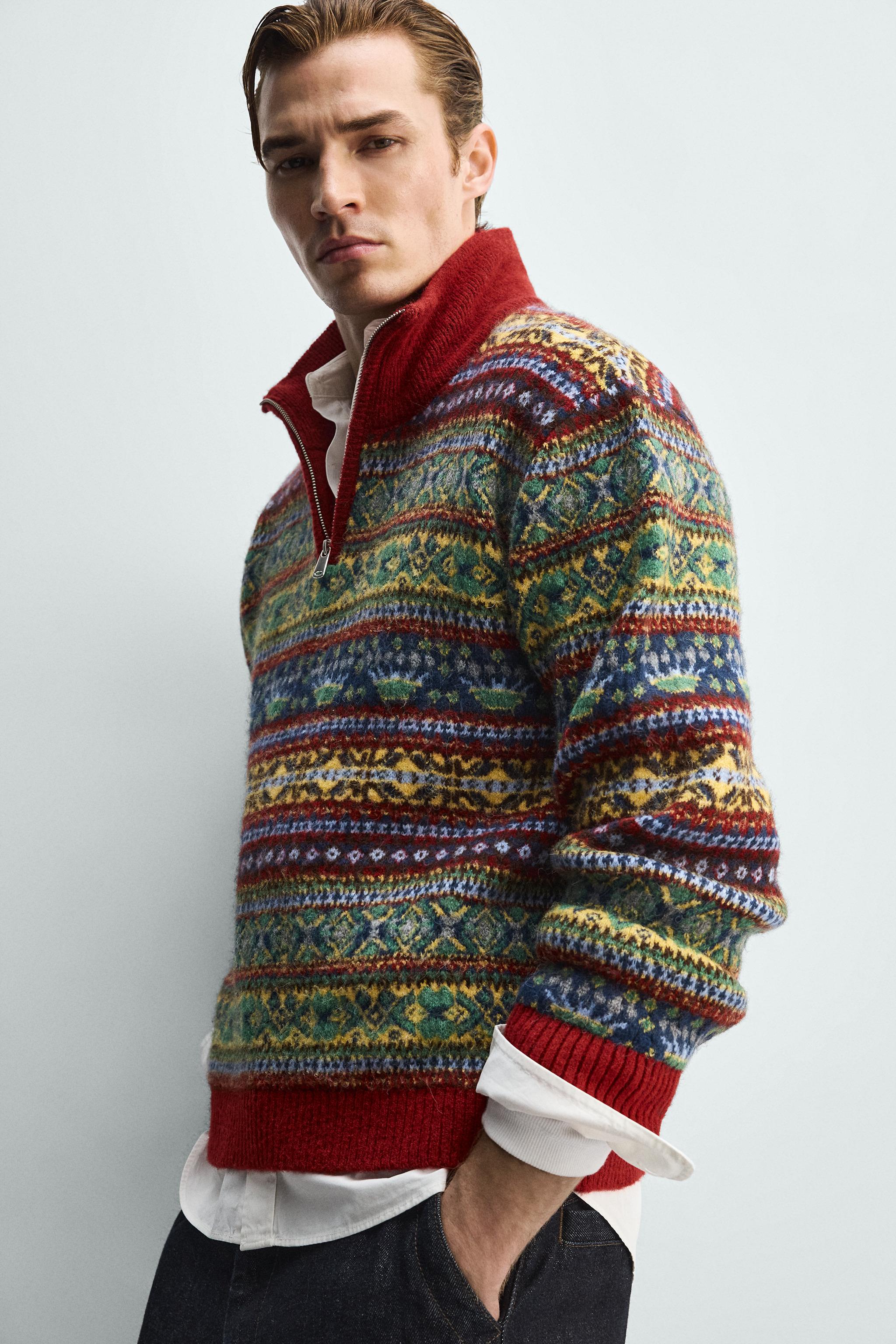 GEOMETRIC JACQUARD QUARTER-ZIP JUMPER - Red | ZARA United States