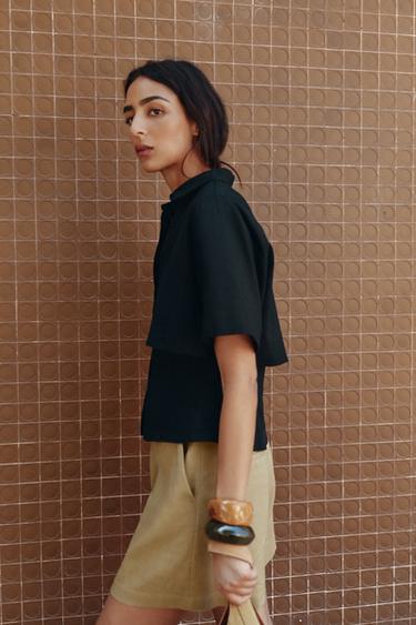 CHEMISE AJUSTÉE AVEC LIN DOUBLE ÉPAISSEUR - Noir de Zara - Image 2
