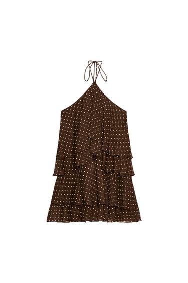 Zara RUFFLED HALTER POLKA DOT DRESS - Brown / White