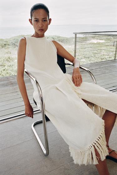 ZW COLLECTION 100% LINEN FRINGED DRESS - Light beige by Zara
