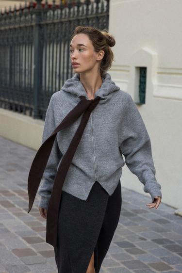 Zara DRAWSTRING KNIT HOODIE JACKET - Mid-gray
