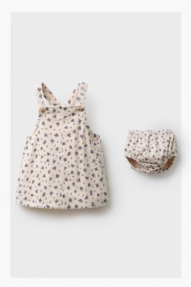 Zara CORDUROY PINAFORE DRESS AND FLORAL UNDERWEAR - Ecru
