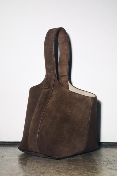 Zara SPLIT LEATHER MINI BUCKET BAG - Taupe Gray