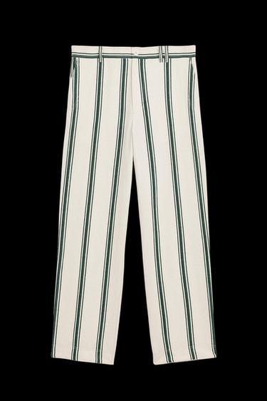 Zara STRPD PANTS - Green / Ecru