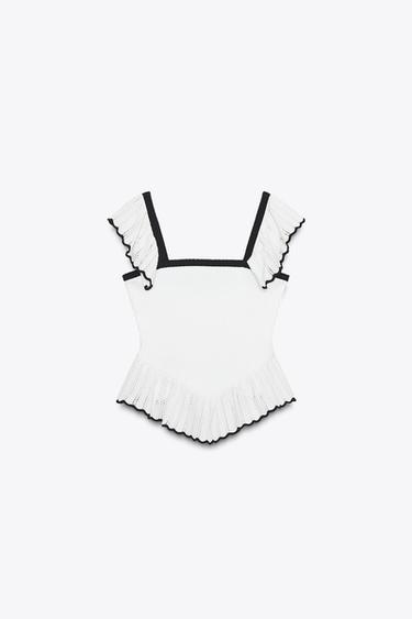Zara CONTRAST RUFFLE TOP - Black / White
