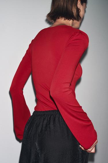 LONG SLEEVE GATHERED T-SHIRT - Burgundy by Zara - Image 4