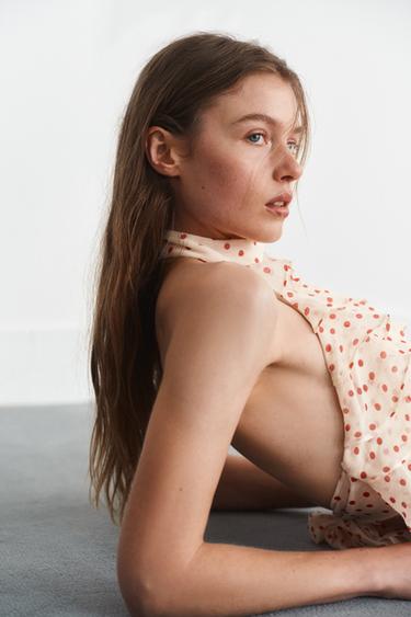 GEORGETTE HALTER TOP - Ecru / Red by Zara - Image 1