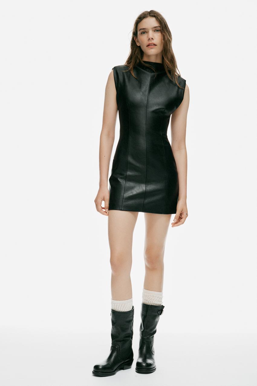 FAUX LEATHER DRESS WITH SHOULDER PADS - Black