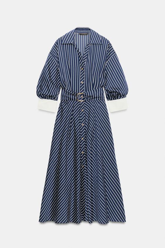 blue and white striped shirt dress zara MIDI WITH BELT - Navy / Navy / White