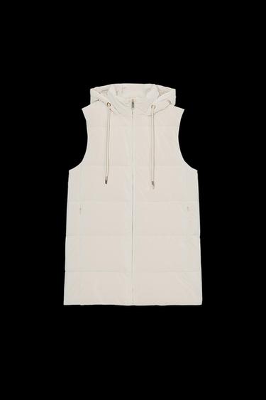 LONG QUILTED GILET WITH HOOD - Ecru by Zara - Image 0