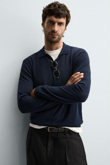 KNIT COTTON-SILK POLO SHIRT - Navy blue by Zara - Image 5