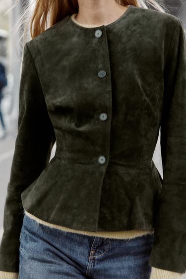 Xhaketë 100% lëkurë me fund evazé - Kaki nga Zara