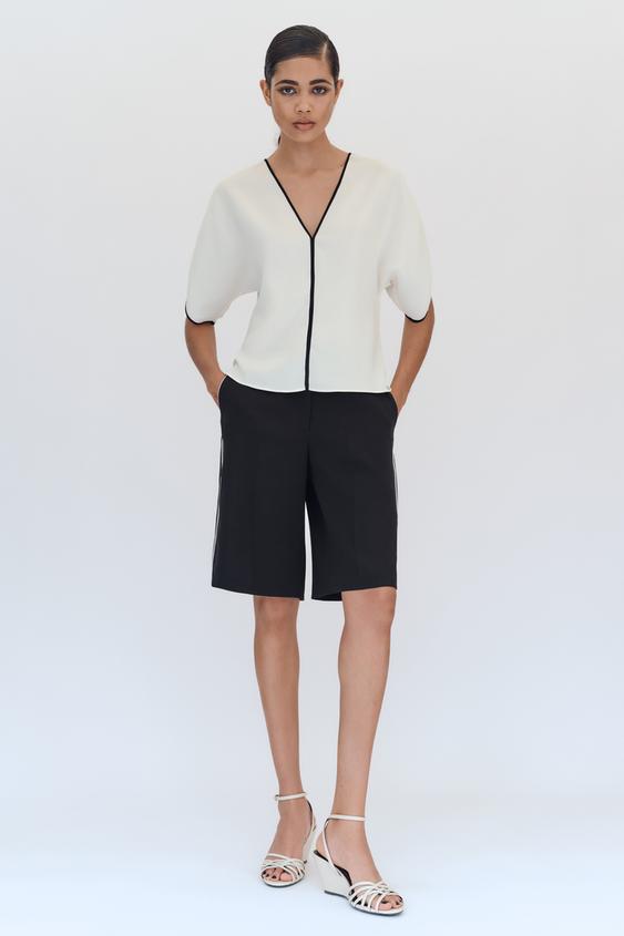 CONTRAST TRIM TOP - Ecru by Zara - Image 0