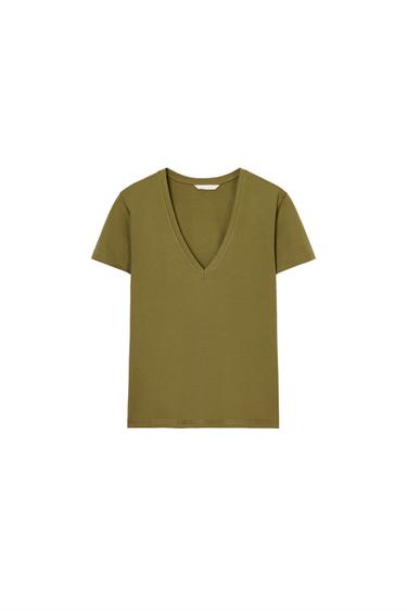 Zara INTERLOK MAJICA SA V IZREZOM – Kaki