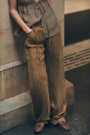 TIE WAIST PYJAMA TROUSERS - Light khaki by Zara