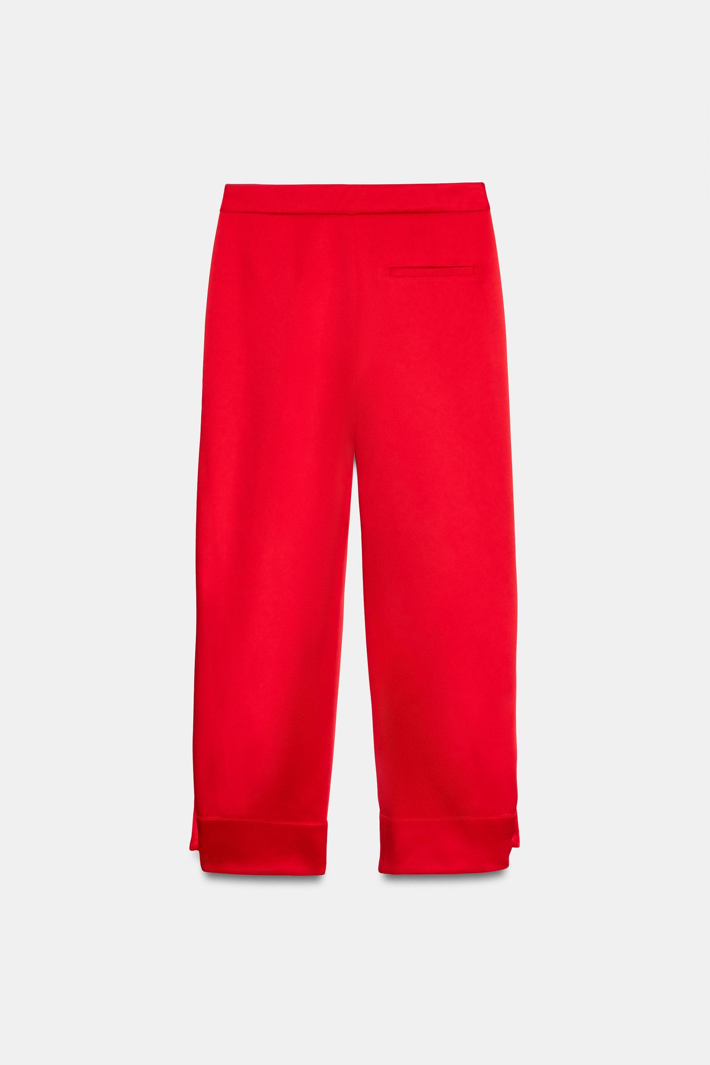 Женские брюки Zara Satin Pants with Buttoned Hems, цвет: Красный — фото 9