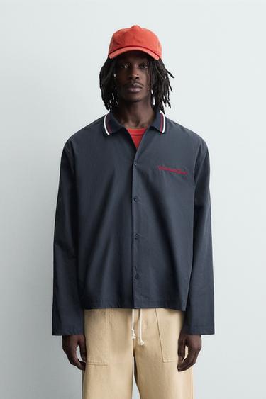 Zara EMBROIDERED RIB COLLAR SHIRT - Navy blue