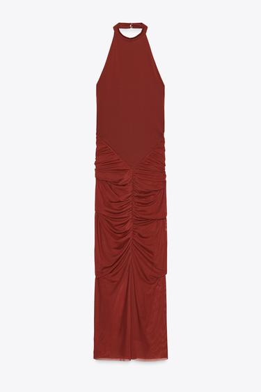 HALTERNECK CONTRAST TULLE DRESS - Dark red by Zara