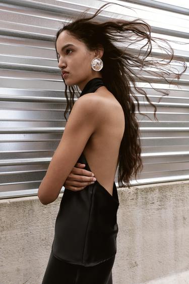 Zara SATIN EFFECT HALTER TOP - Black