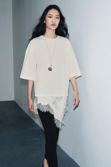 LACE COMBINED T-SHIRT - Ecru by Zara - Image 3