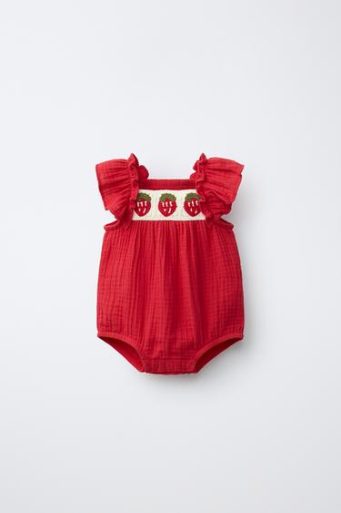 EMBROIDERED STRAWBERRY COTTON GAUZE ROMPER - Red by Zara - Image 0