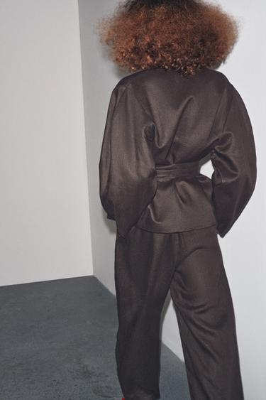 ZW COLLECTION LINEN BELTED KIMONO - Brown by Zara - Image 1