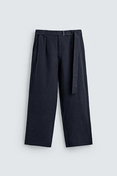 PANTALÓN RELAXED FIT 100% LINO CINTURÓN - Marino de Zara