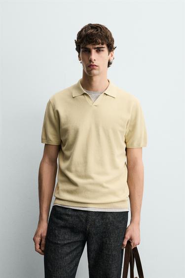 Zara TEXTURED KNIT POLO SHIRT - Pastel yellow