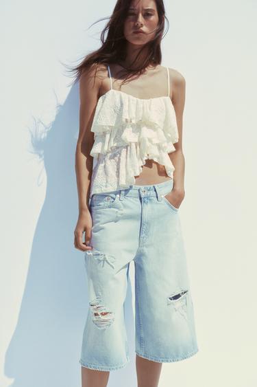 Zara RUFFLED LACE TOP - Ecru