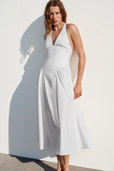 ПЛАТЬЕ ИЗ ПОПЛИНА С ГОРЛОВИНОЙ ХАЛТЕР — БЕЛЫЙ от Zara