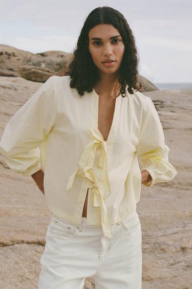 Zara POPLIN TIE BLOUSE - Yellow