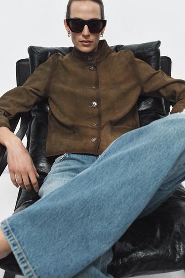 Zara 100% LEATHER JACKET ZW COLLECTION LIMITED EDITION - Olive green