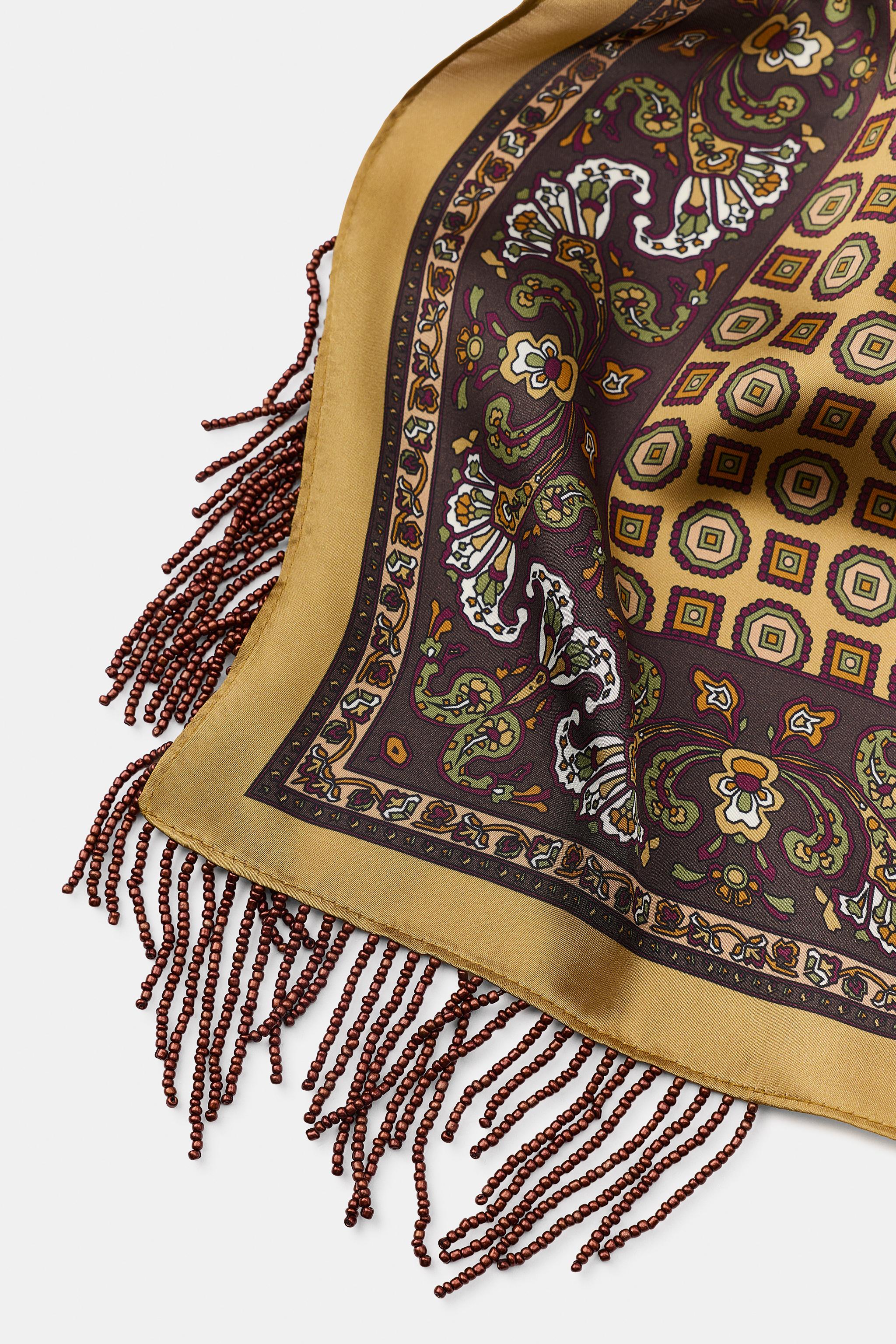 SATIN FRINGED PRINTED BANDANA - Mustard | ZARA United States