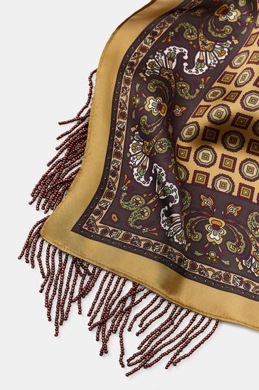 SATIN PRINTED BANDANNA WITH FRINGE - Mustard by Zara - Image 2