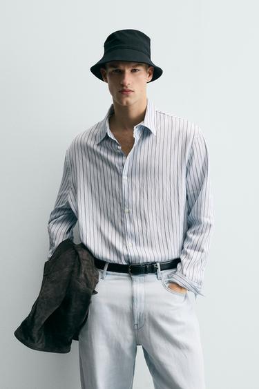 Zara TEXTURED STRIPED SHIRT - Light sky blue