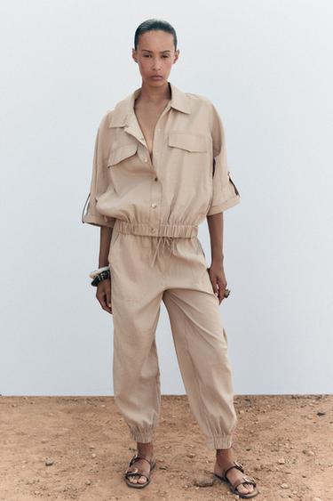 CAMISA SAFARI MANGA CORTA - Beige oscuro de Zara