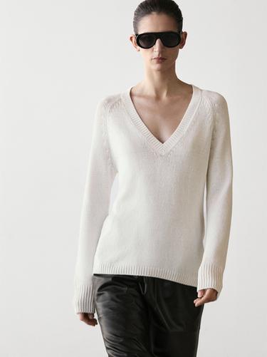 Pull col V en maille de coton mélangé - Blanc de Zara