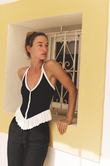 RIBBED BUTTON TOP - Black / White by Zara - Image 1