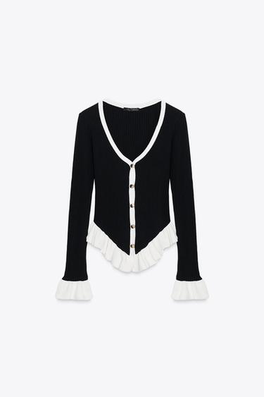 CONTRAST RUFFLE CARDIGAN - Black / White by Zara - Image 4