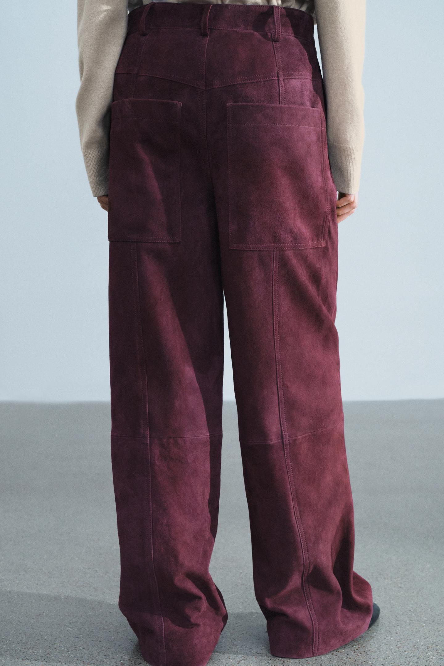 Женские брюки Zara 100% Suede Leather Pants with Pockets ZW Collection, цвет: Тёмно-бордовый — фото 3